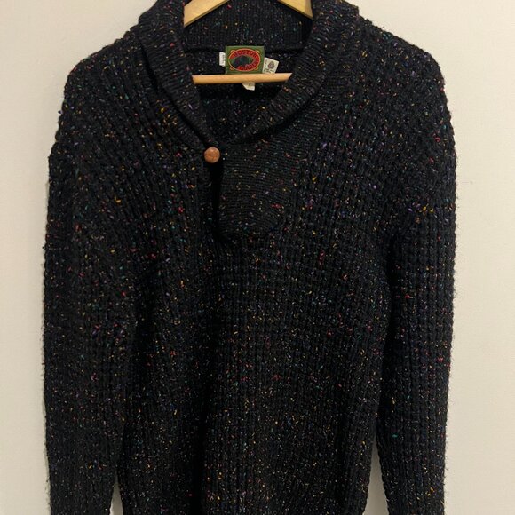 VTG BOSTON TRADERS Black Multicolor Speckled Shawl Colllar Chunky Sweater LARGE - Picture 2 of 3